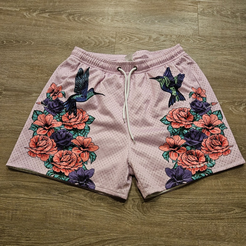 YoungLA 141 The Block Party Shorts Mens Large Black Pink‎ Hummingbird Floral